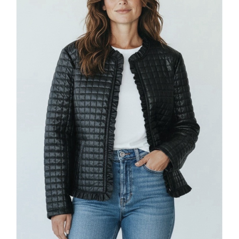 Chicos Quilted Faux Leather Jacket XL Black Ruffle Trim Collarless Moto Coquette